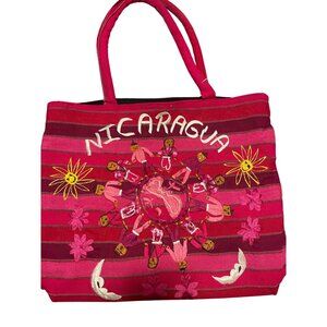 Nicaragua Pink Handmade and Woven Shoulder Tote Bag with Front Pockets